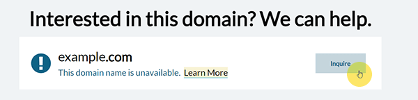 Domain search results showing Inquire button for concierge service
